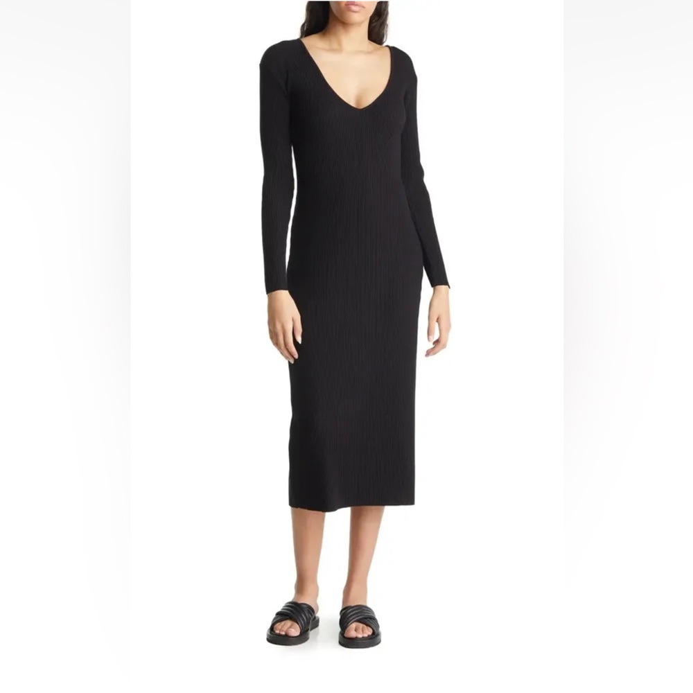 Vince Womens Dress XSmall Black Knit V Neck Long Sleeve Ribbed Sheath Midi